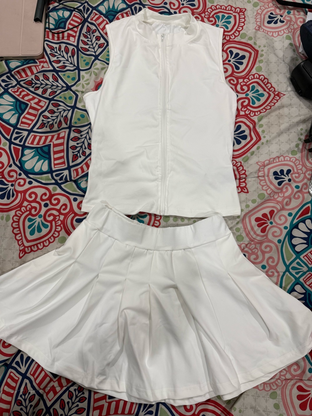 White Sleeveless Zip Top & Pleated Skirt Set